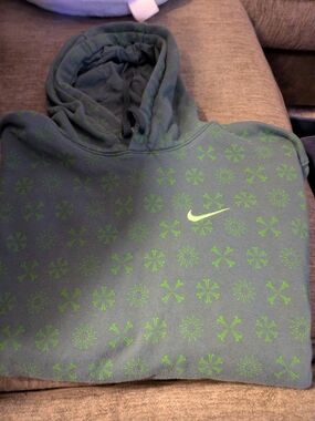 Nike Men's Dark Green Hooded Sweatshirt with Lime Pattern